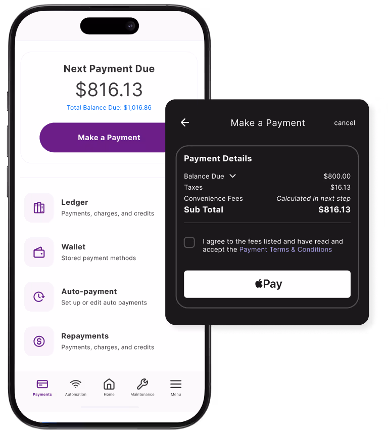 Mobile app interface showing next payment due as $816.13 with options for ledger, wallet, auto-payment, and repayments; a payment details pop-up shows balance due, taxes, subtotal $816.13, a terms acceptance checkbox, and an Apple Pay button.