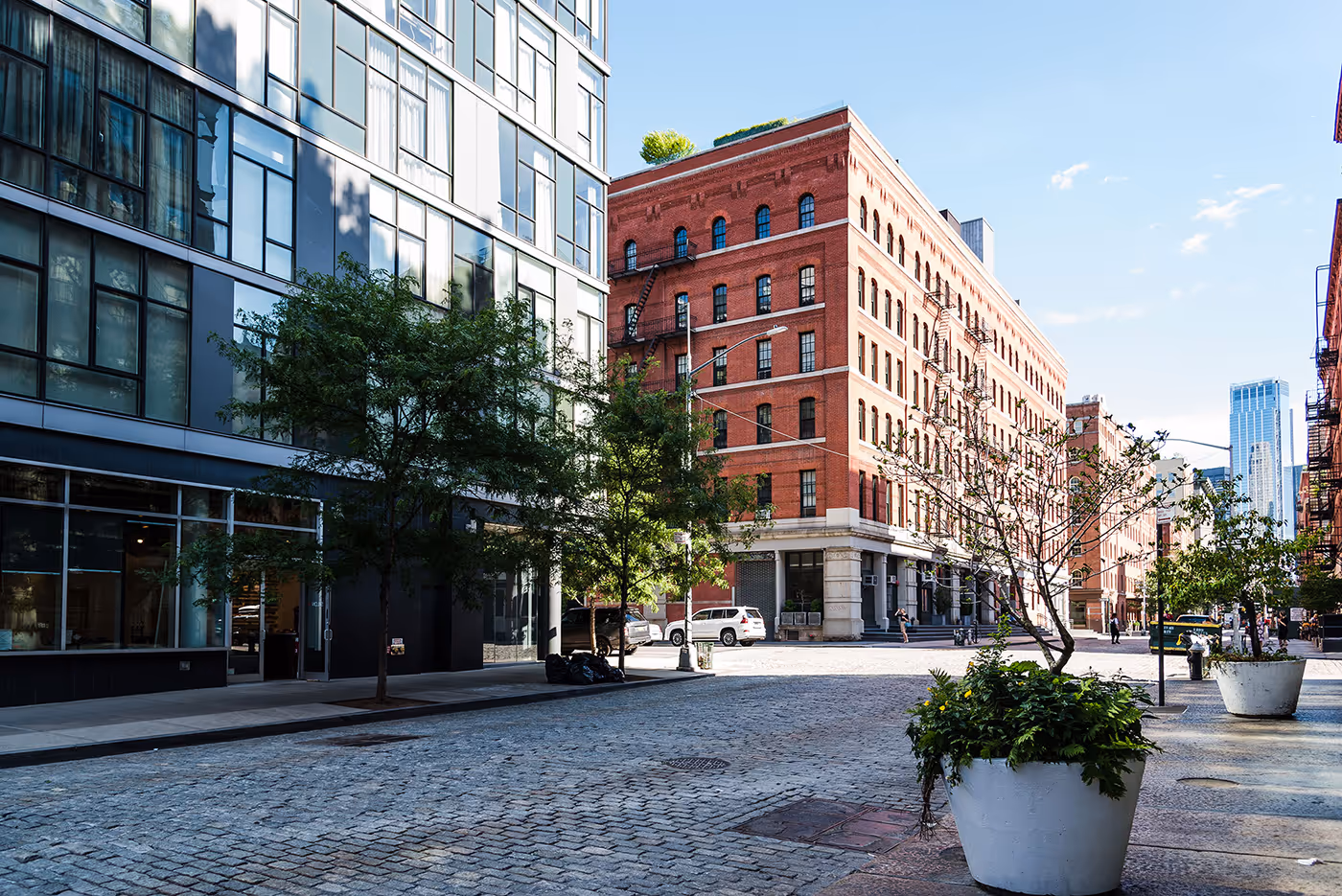 Sunlit city street with cobblestone pavement, modern glass building on the left, red-brick building with fire escapes in the center, and large white planters with greenery on the sidewalk.