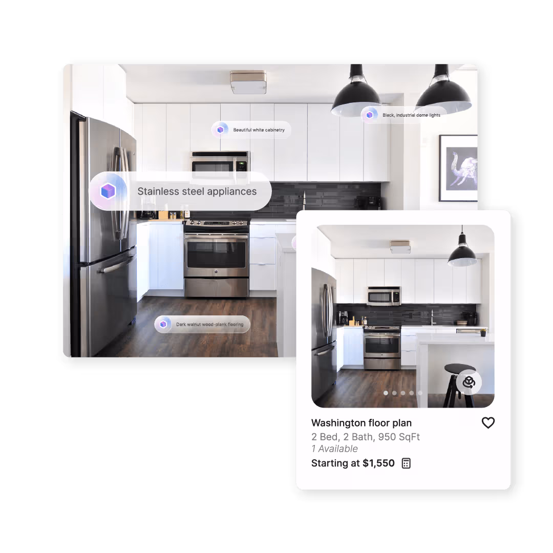 Modern kitchen with stainless steel appliances, white cabinetry, black industrial dome lights, and dark walnut wood-plank flooring.