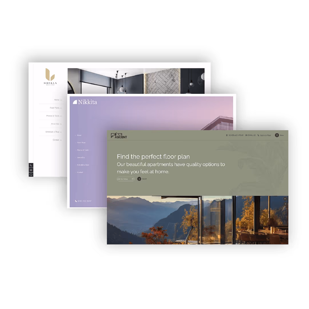 Stacked web page designs showcasing modern apartment themes with interior and exterior views, navigation menus, and promotional text about floor plans.