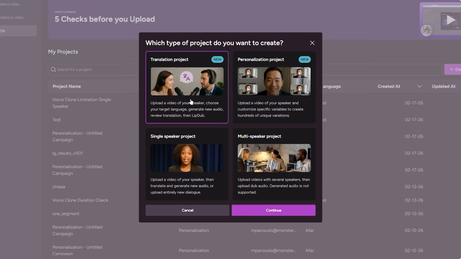 Dialog box asking 'Which type of project do you want to create?' with options for Translation, Personalization, Single speaker, and Multi-speaker projects, each with brief descriptions and images of people.