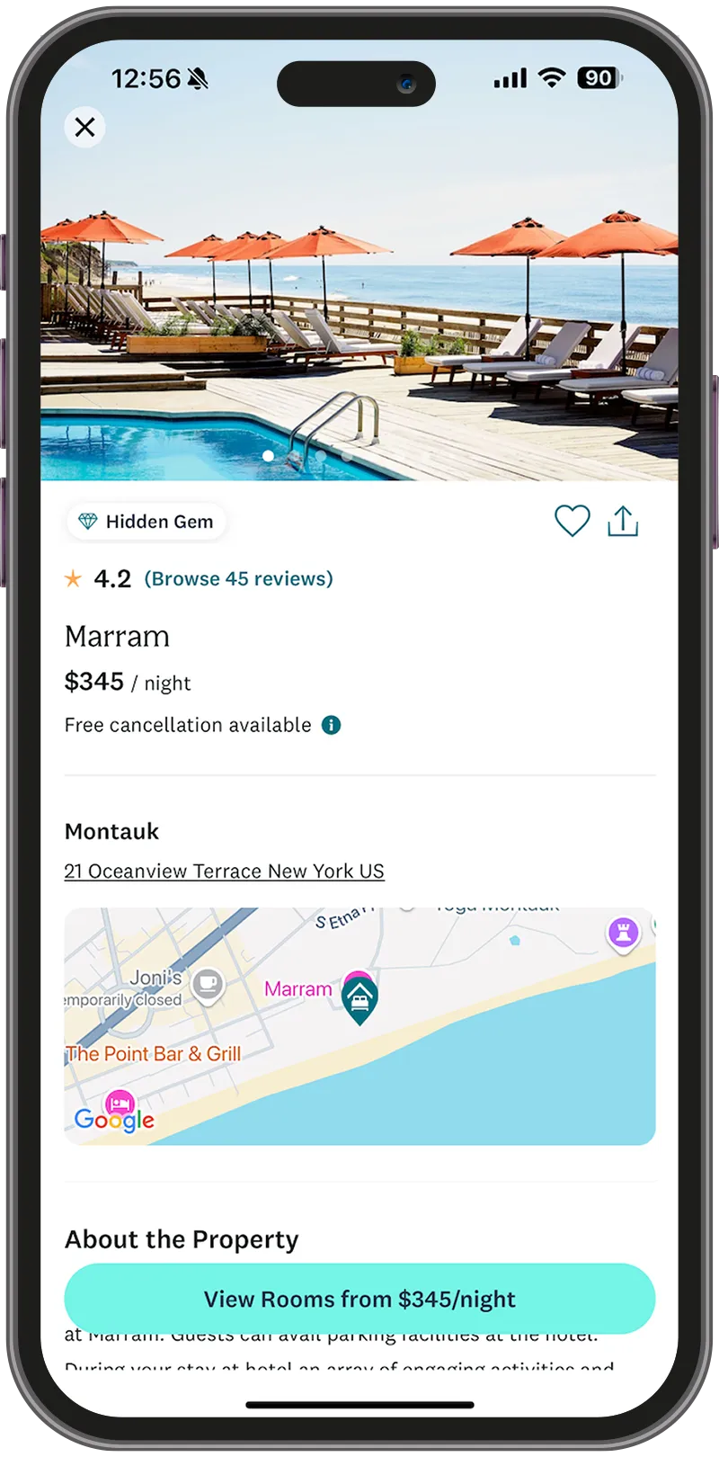 A screenshot of the listing for the hotel Marram in Montauk on the Safara app marketplace