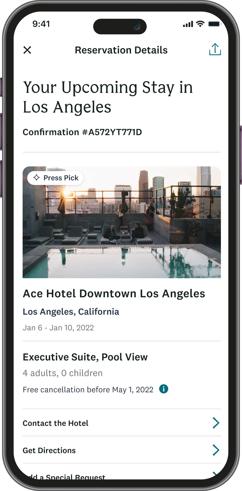 A confirmation of a user's upcoming trip to LA