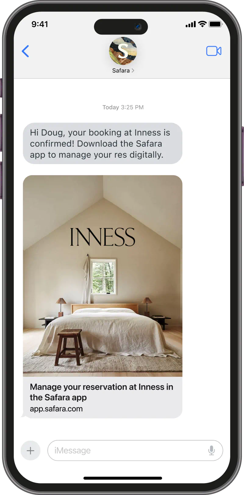 A screenshot of a phone that shows a booking confirmation text for a stay at Inness Hotel and to download the Safara App to manage your reservation. 