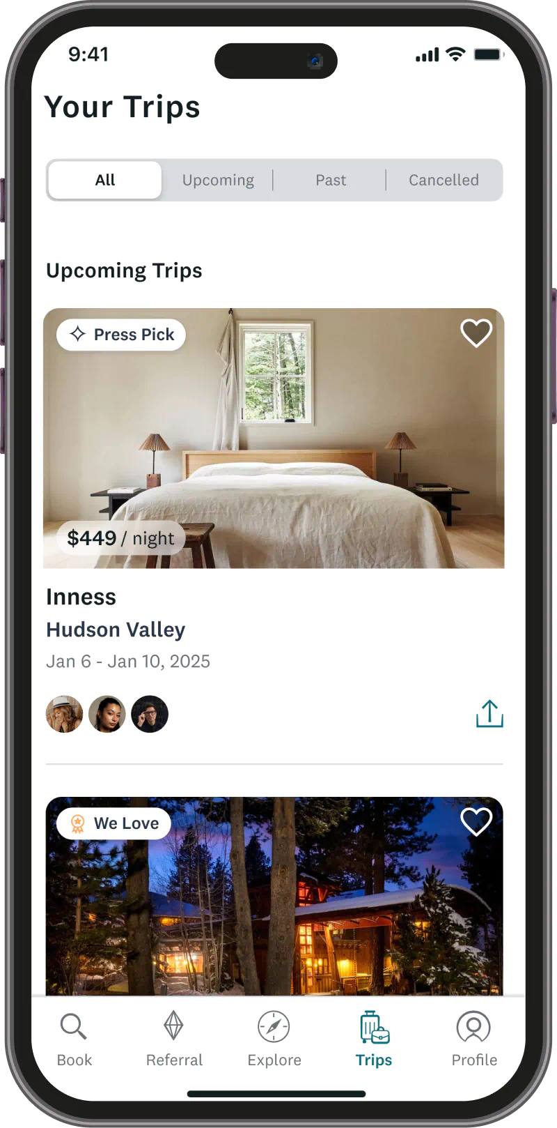 A screenshot of the Safara app where a user is looking at all of their trips in the 'Your Trips' tab. They see an upcoming trip at Inness hotel