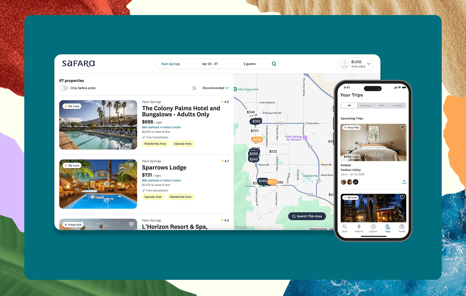 A side by side of the desktop and mobile view of a user searching for hotels in Palm Springs in the Safara web browser and someone looking at their booked trips in the Safara app