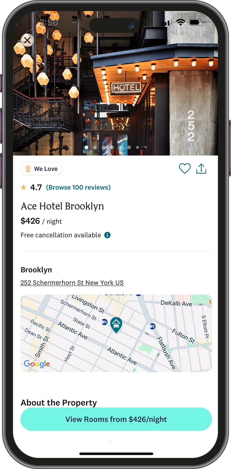 A screenshot of the Ace Hotel Brooklyn in the Safara marketplace app