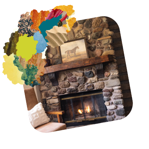 A picture of a fireplace with a decorative tapestry