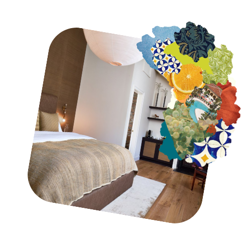 A picture of a hotel bedroom with a decorative tapestry overlaying the corner