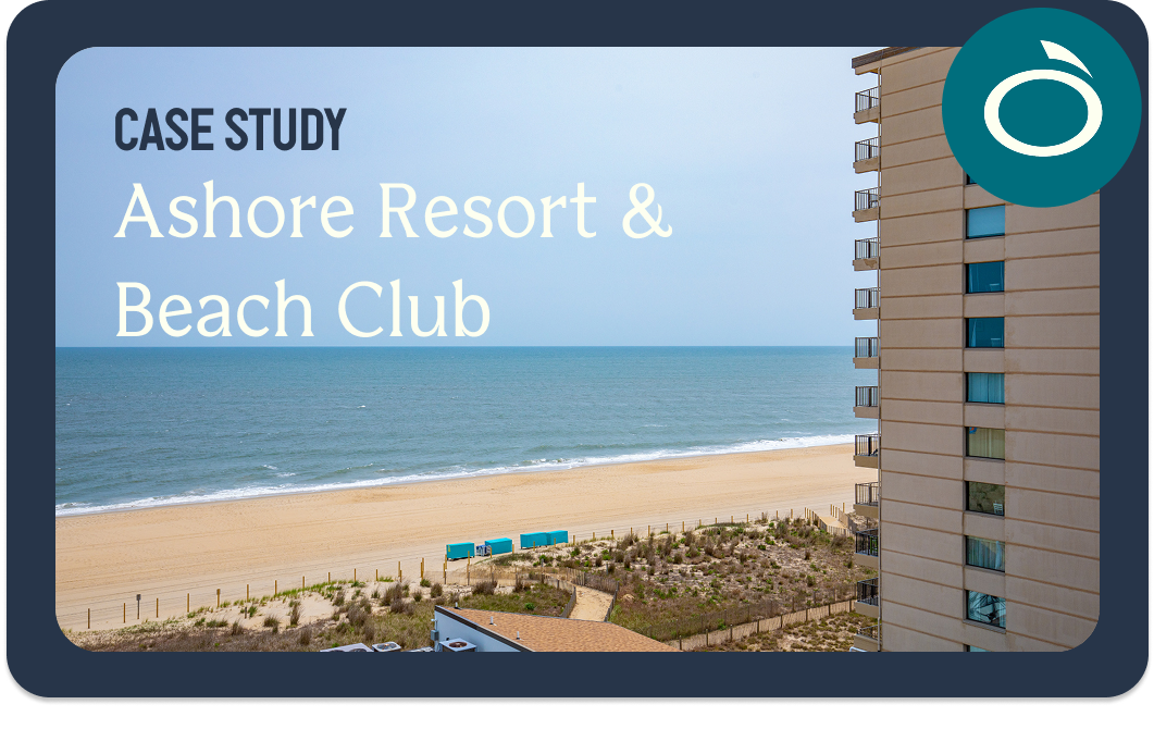 An image of a case study titled Ashore resort and beach club case study with a picture of the beach at the hotel