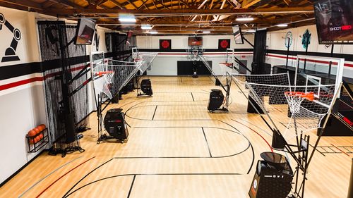 Group of friends or colleagues participating in a private basketball event on a rented court at Shoot 360 San Mateo.