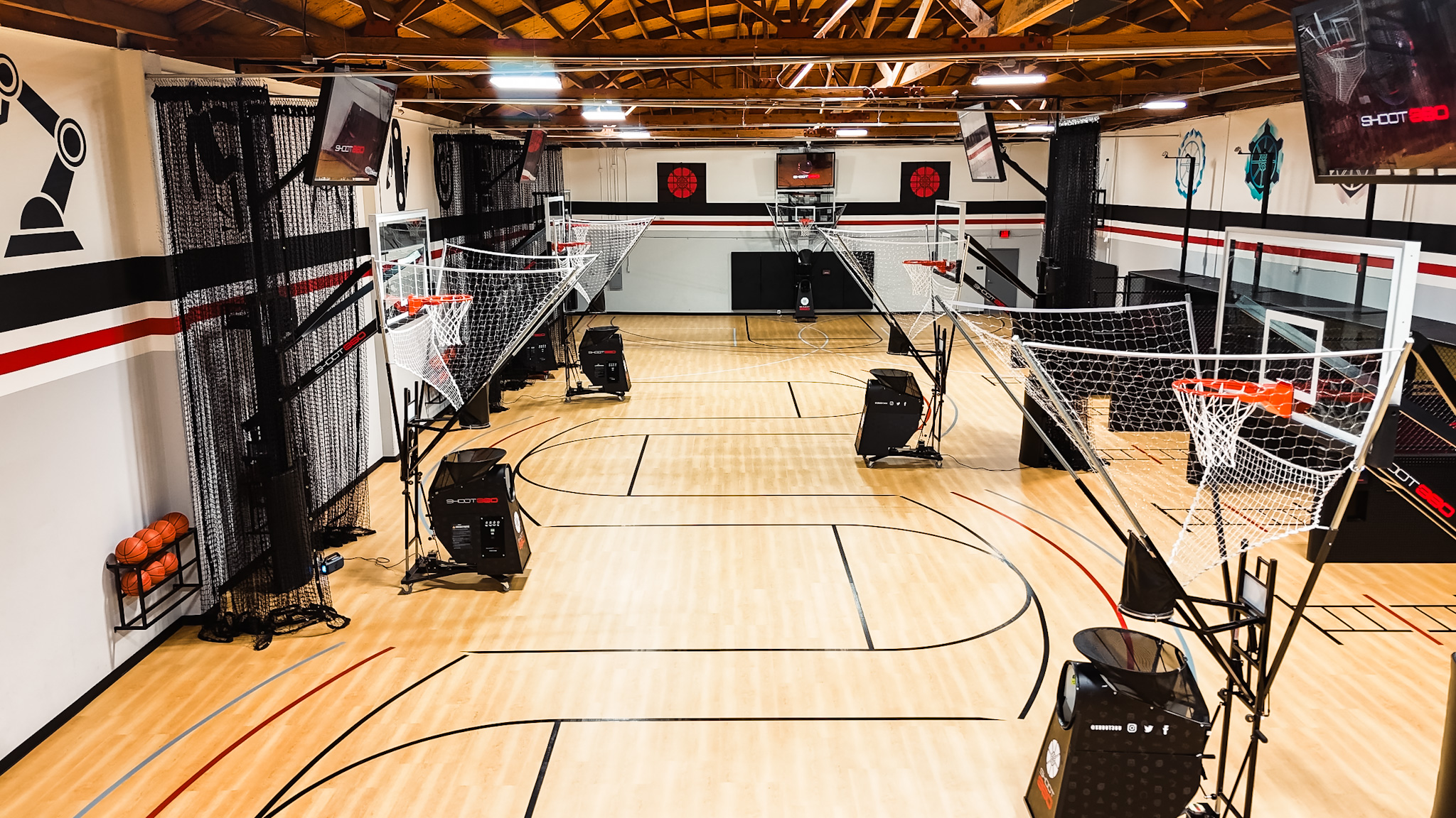 Group of friends or colleagues participating in a private basketball event on a rented court at Shoot 360 San Mateo.