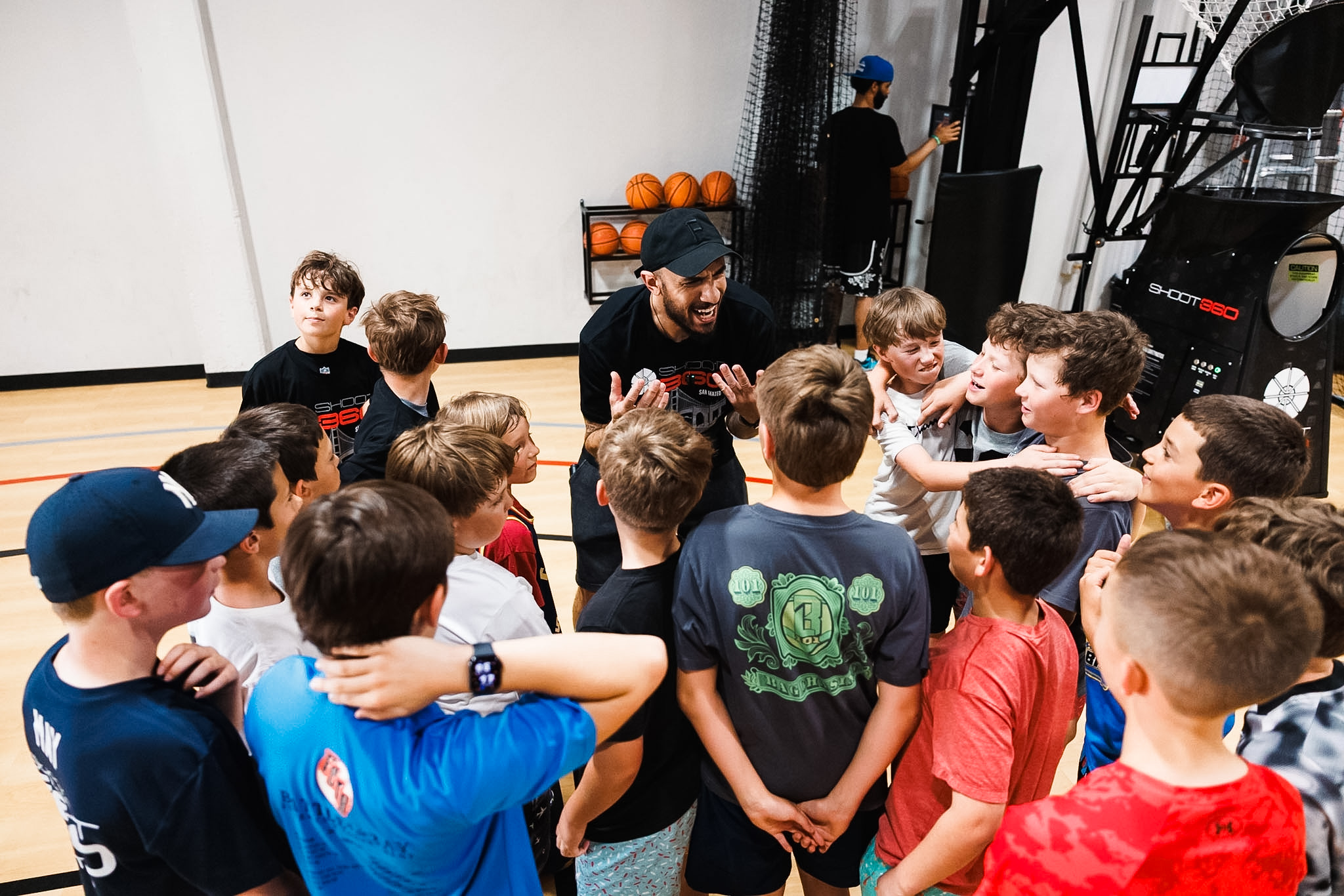 Children enjoying basketball games and activities during a fun-filled birthday party at Shoot 360 San Mateo.