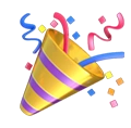 Party popper with yellow and purple stripes releasing colorful confetti and streamers.