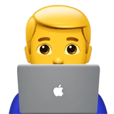 Male emoji with blond hair looking over a silver laptop with an apple logo.