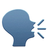 Blue silhouette of a head facing right with lines indicating speech or sound coming from the mouth.