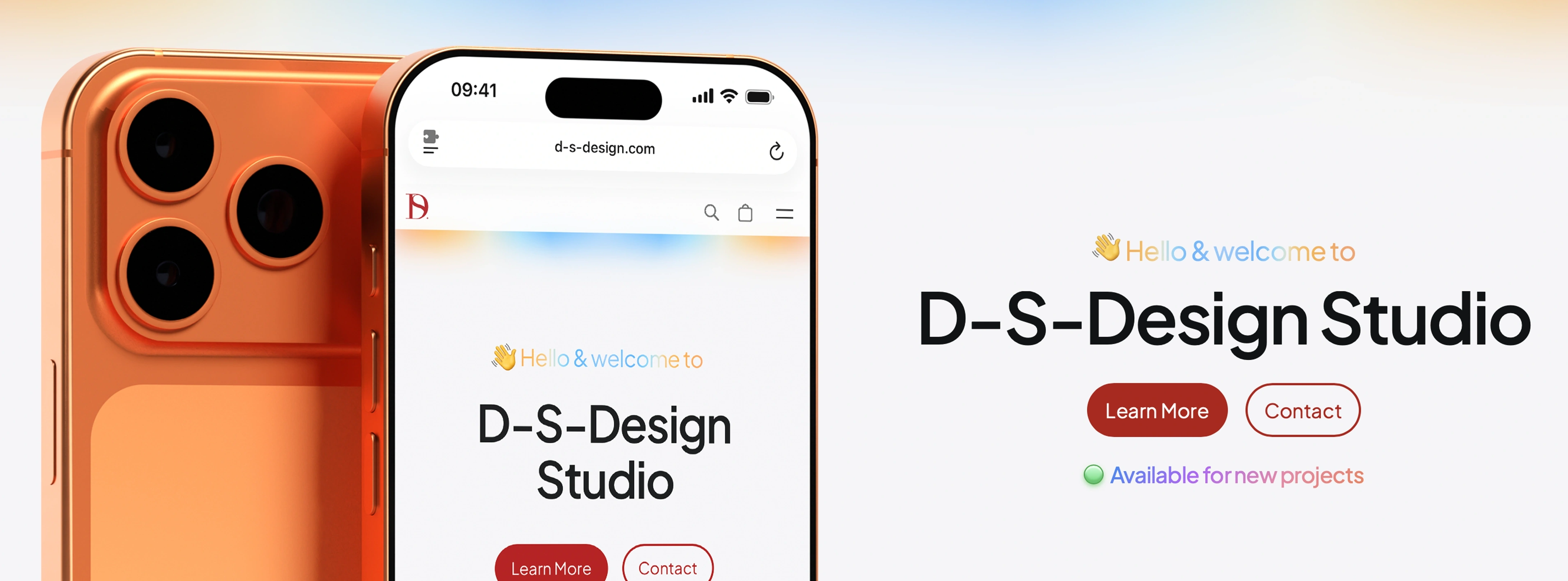 Two copper-coloured smartphones, one showing a webpage welcoming to D-S-Design Studio with buttons for Learn More and Contact, and a note about availability for new projects.