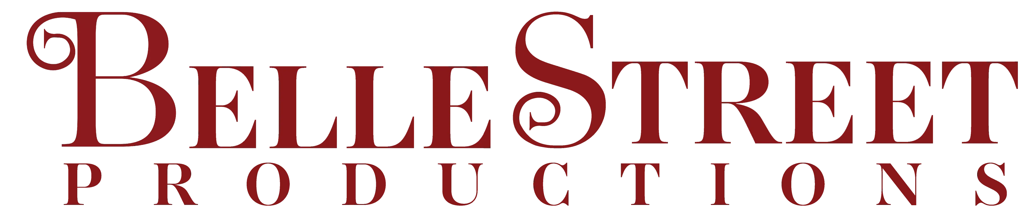 Logo of Belle Street Productions in dark red serif font with decorative swirls on the letters B and S.