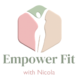 Logo for Empower Fit with Nicola featuring a white abstract human figure with raised arms inside a hexagon divided into pink, beige, and green segments.