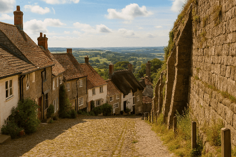 A wide-angle photograph of Gold Hill in Shaftesbury, Dorset, showing the iconic cobbled street lined with historic cottages and a sweeping countryside view in the background.