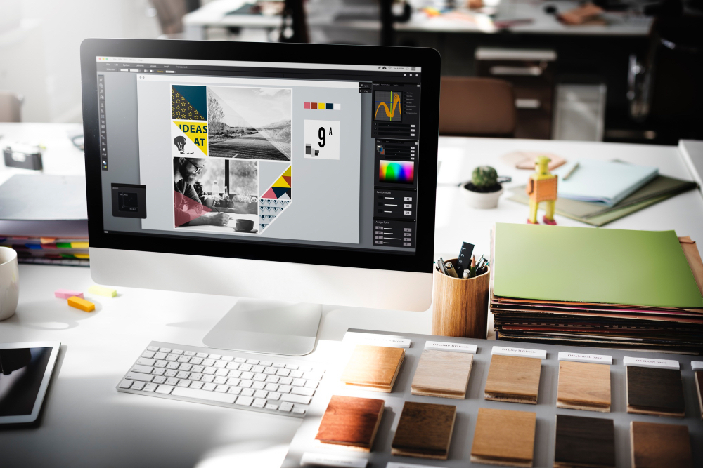 Creative poster, flyer and brochure mockups showing bold branding — graphic design service.