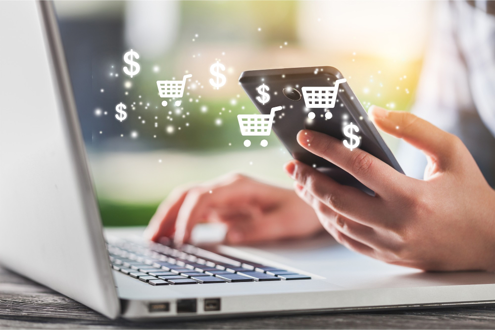 Online shop product grid and checkout screen mockup — e-commerce website solutions.