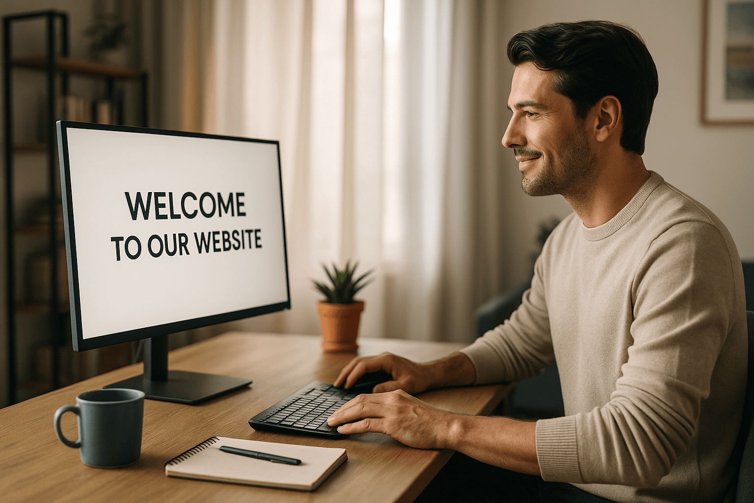 A man in his 30s sitting at a desk in Shaftesbury, Dorset, using a laptop with a “Welcome to Our Website” screen visible, representing professional website design services.