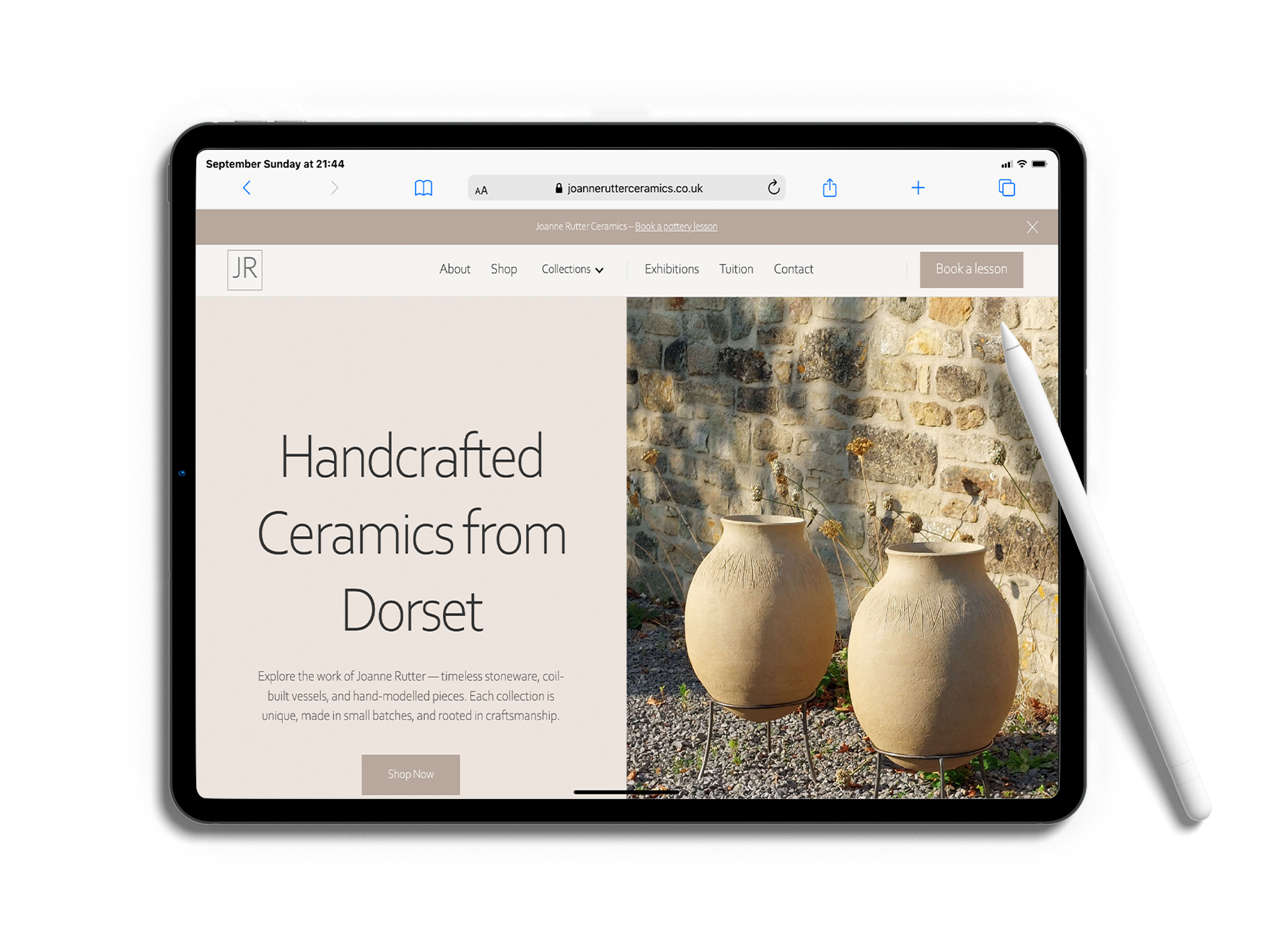 Mockup of Joanne Rutter Ceramics website homepage designed by D-S-Design