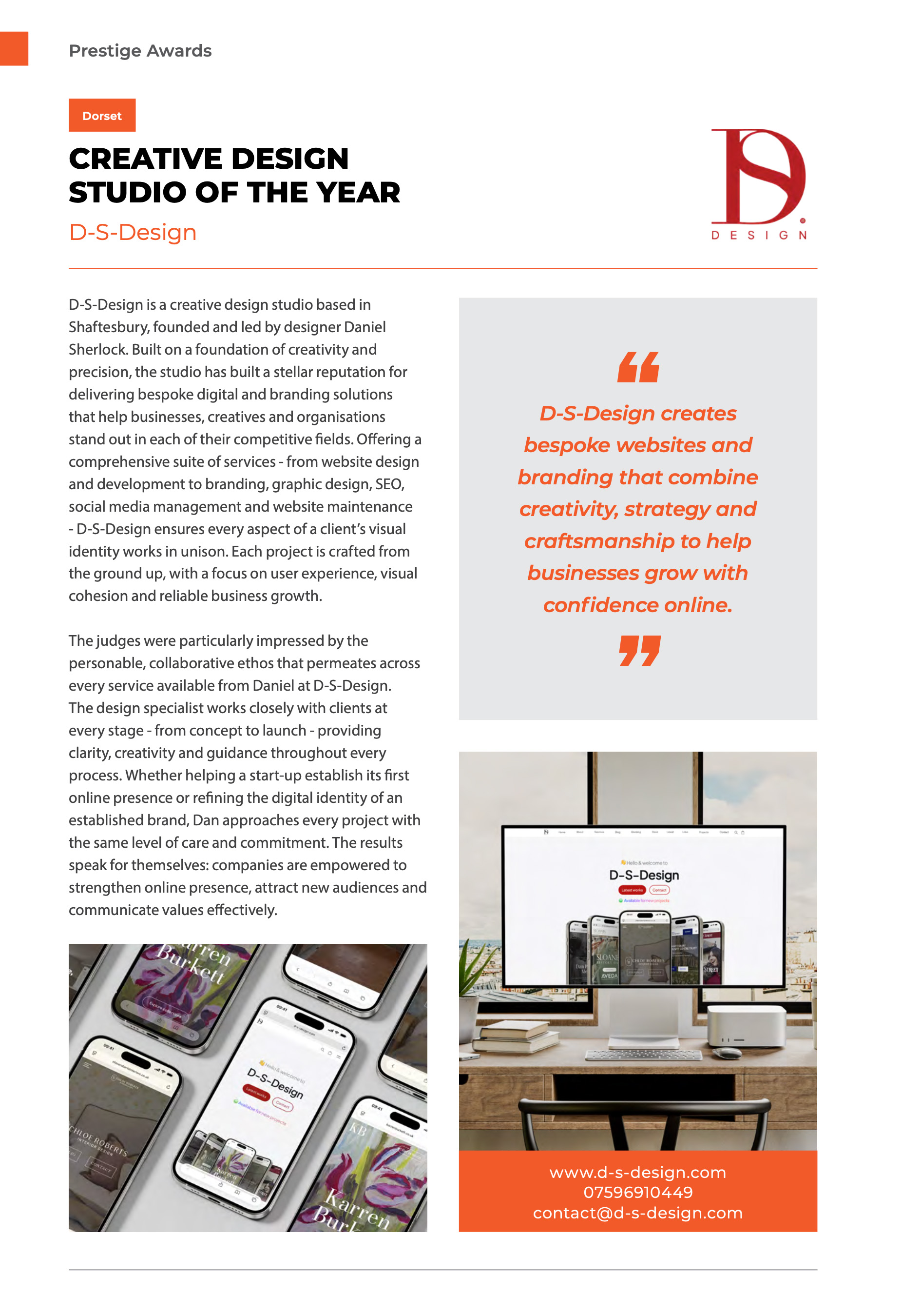 Prestige Awards magazine feature for D-S-Design — Creative Design Studio of the Year 2025/26, South West.