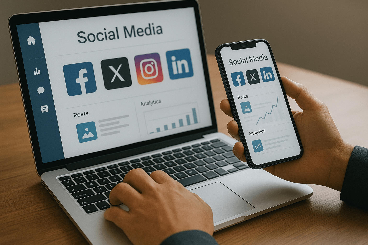 An iPad and laptop displaying a social media scheduling dashboard with planned posts and analytics, representing professional social media management by D-S-Design.