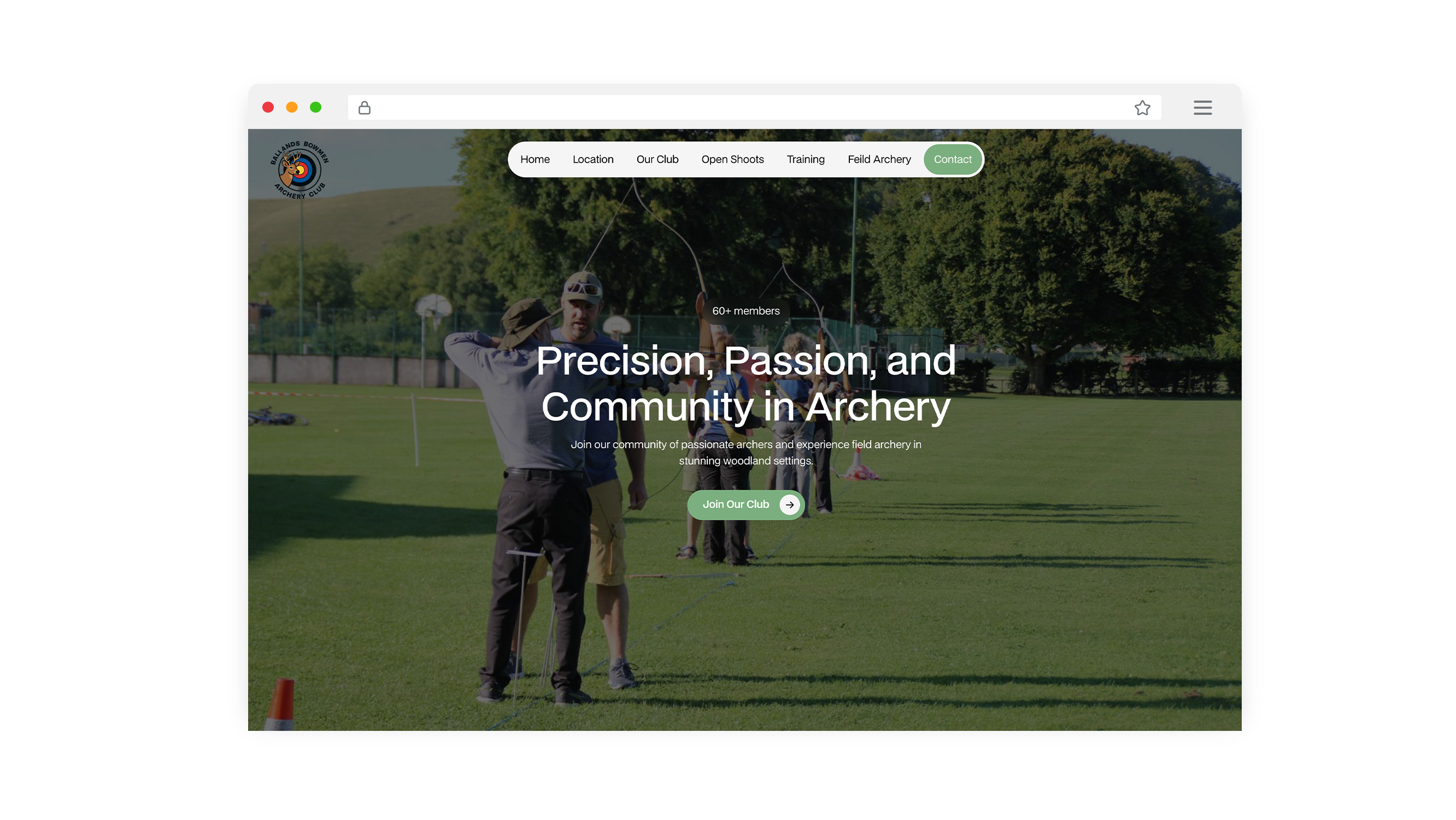 Laptop displaying the Ballands Bowmen Archery Club website featuring a green woodland-inspired design and archery imagery.