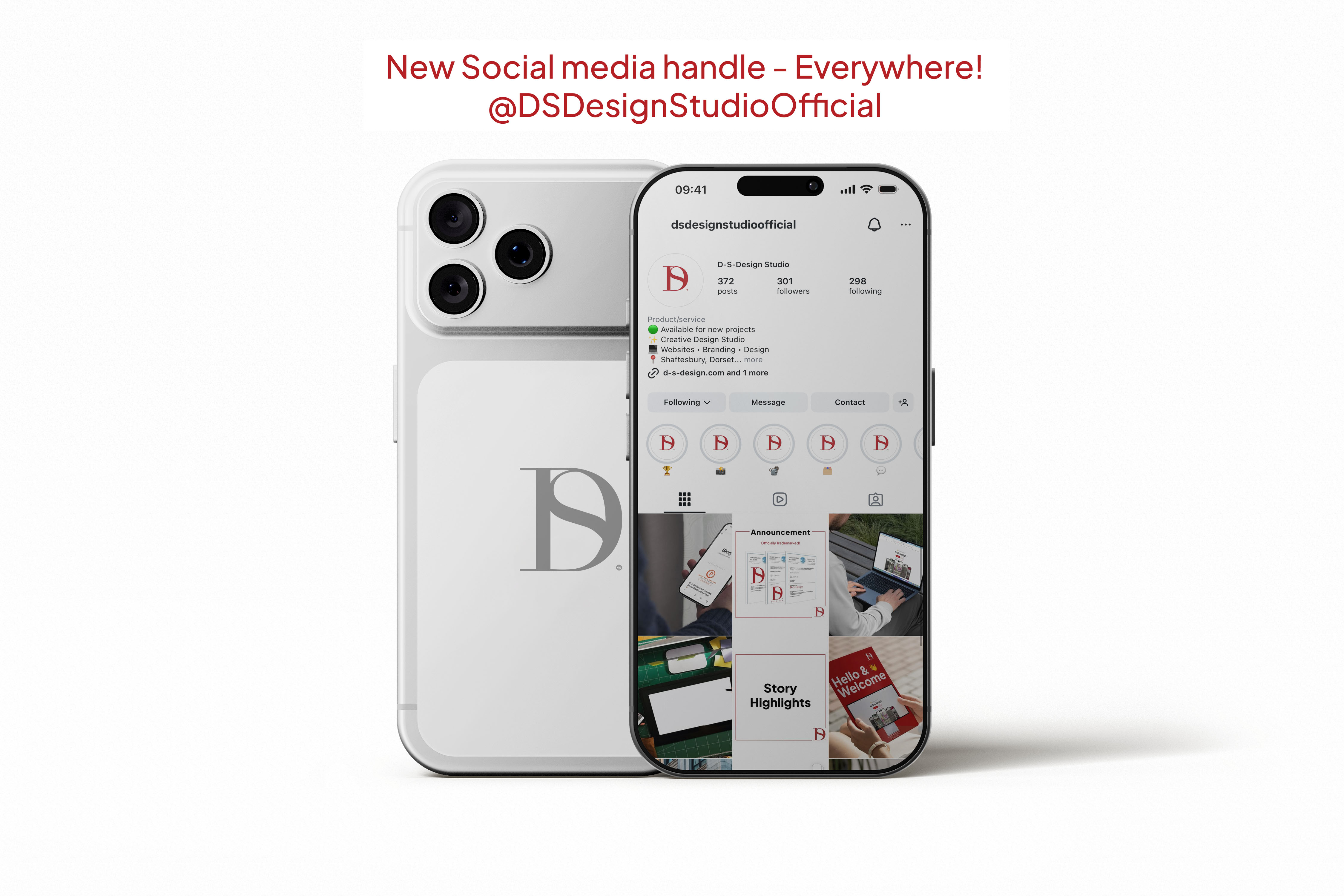 Announcement graphic showing the new @dsdesignstudioofficial social media handle for D-S-Design Studio.
