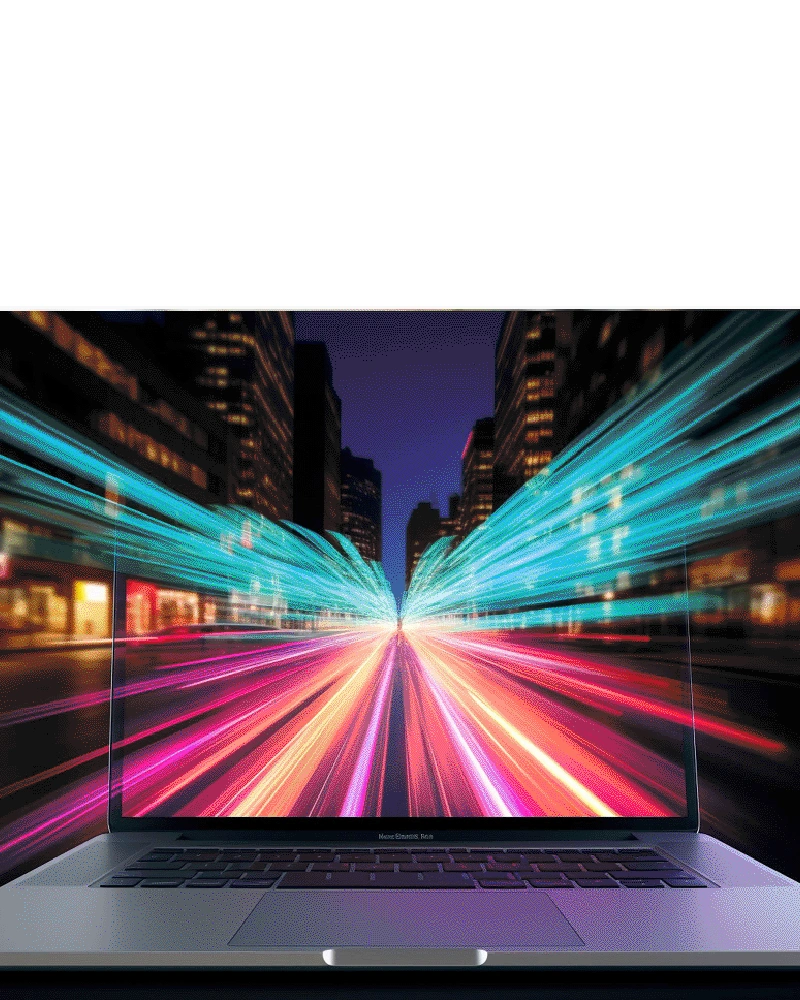 A laptop with zooming lights going around it to show speed. 