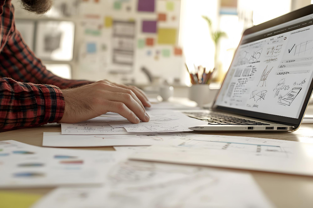 Web designer planning a website project with sketches, laptop and notes.