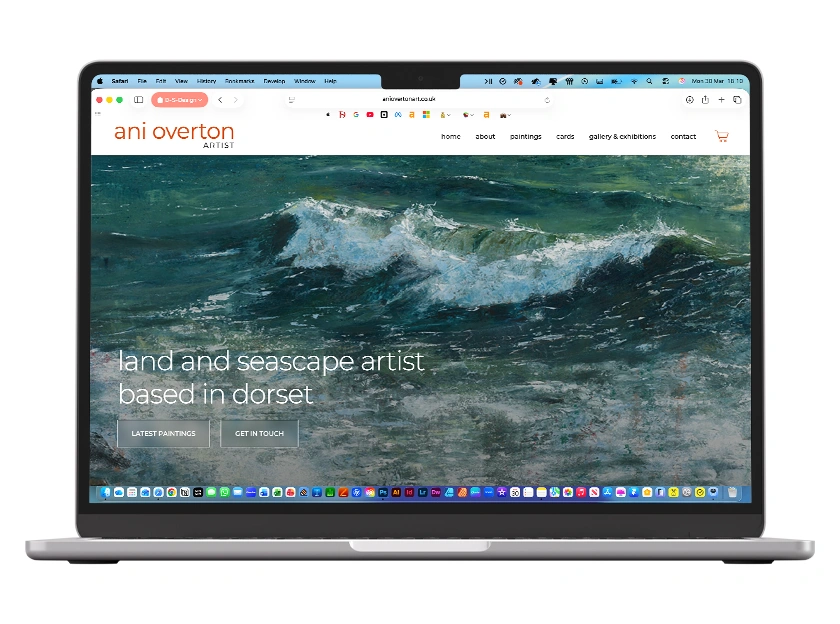 Mockups of the Ani Overton Art website showcasing paintings and e-commerce features.
