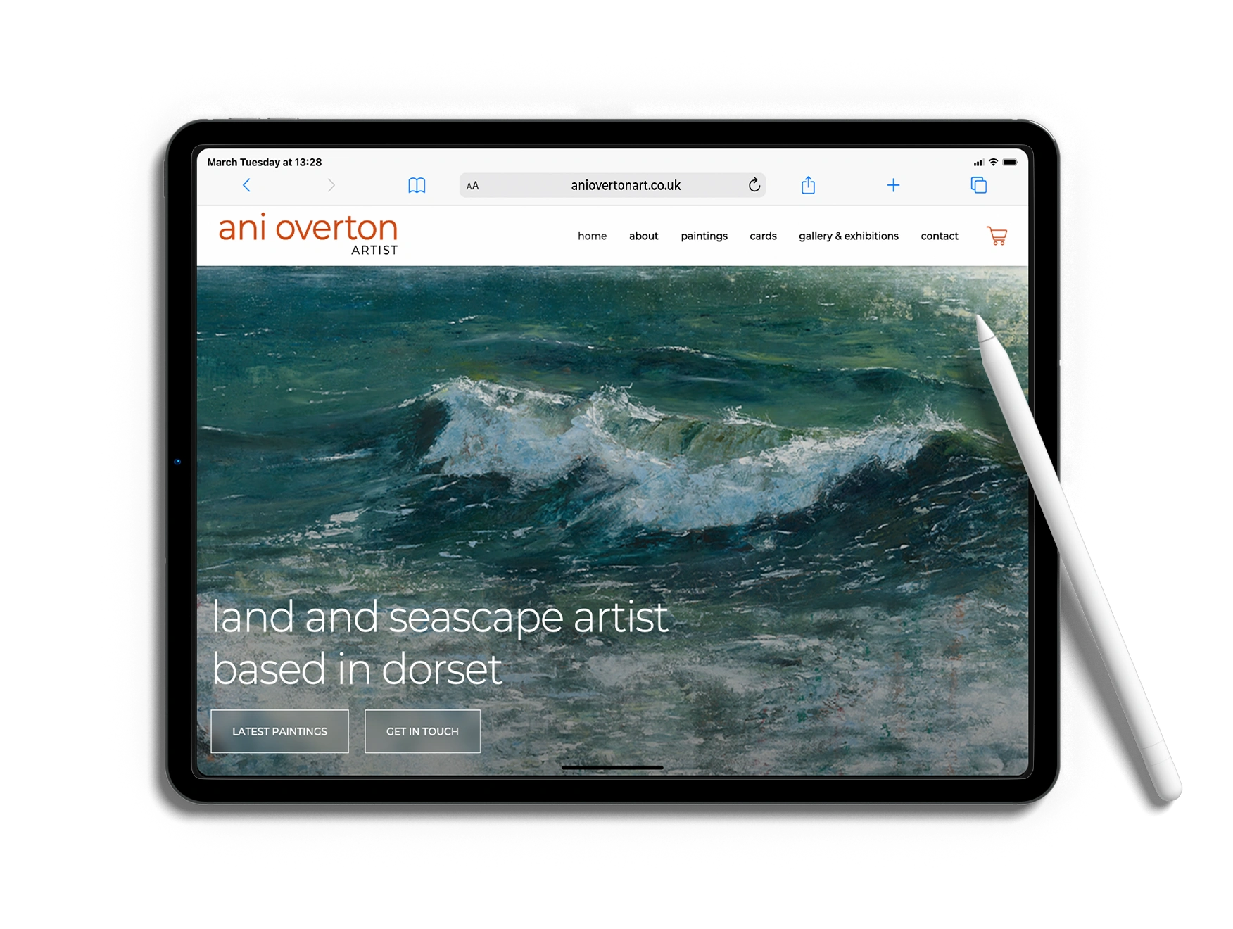 Mockups of the Ani Overton Art website showcasing paintings and e-commerce features.