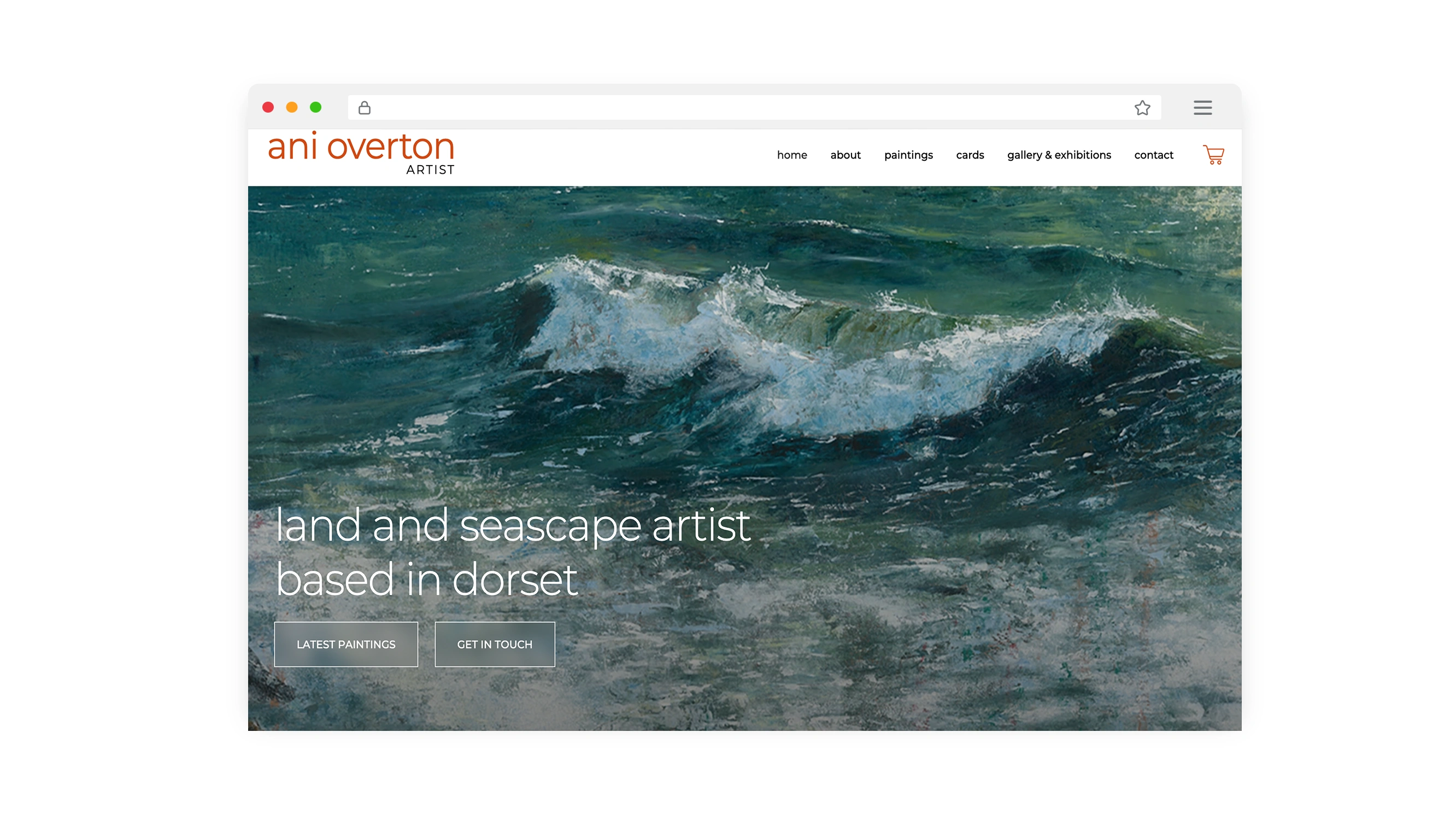 Mockups of the Ani Overton Art website showcasing paintings and e-commerce features.