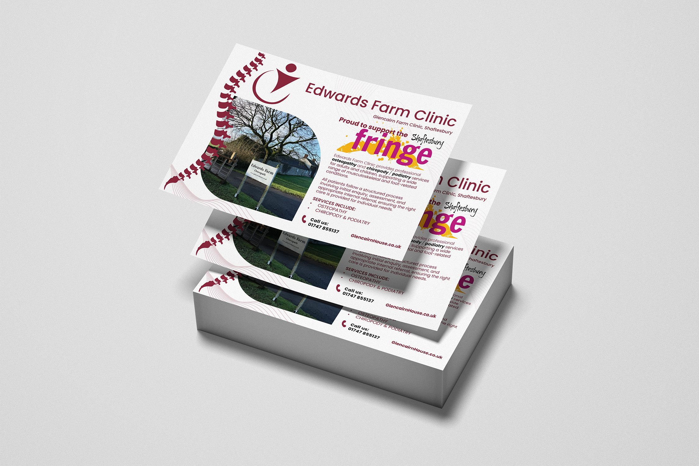 Mockups of the Edwards Farm Clinic Fringe programme advert design