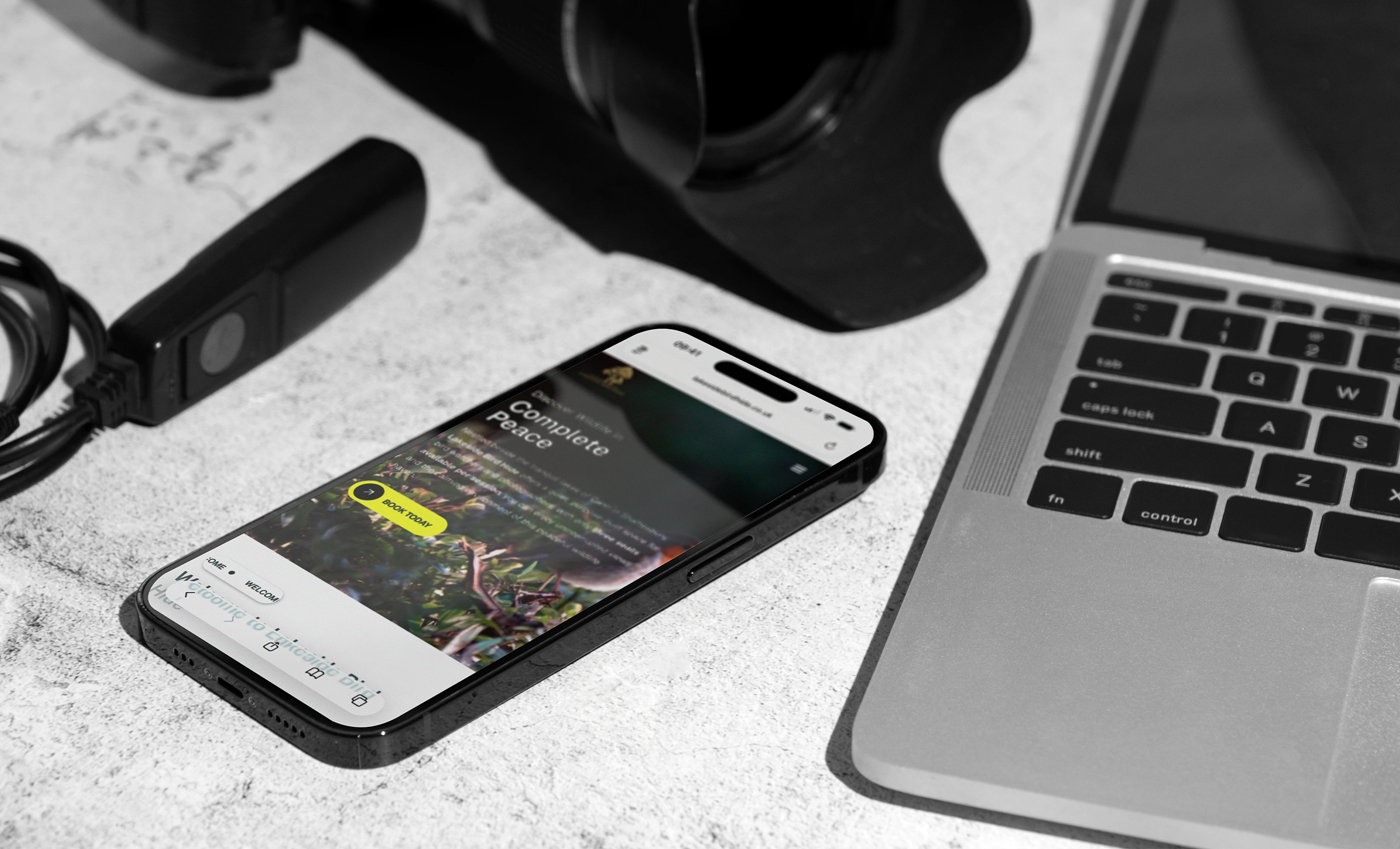 Mockups of the Lakeside Bird Hide website, booking system, and brand identity.