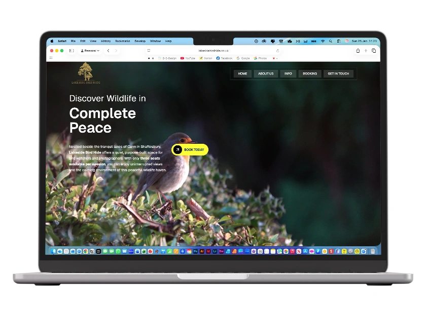 Mockups of the Lakeside Bird Hide website, booking system, and brand identity.
