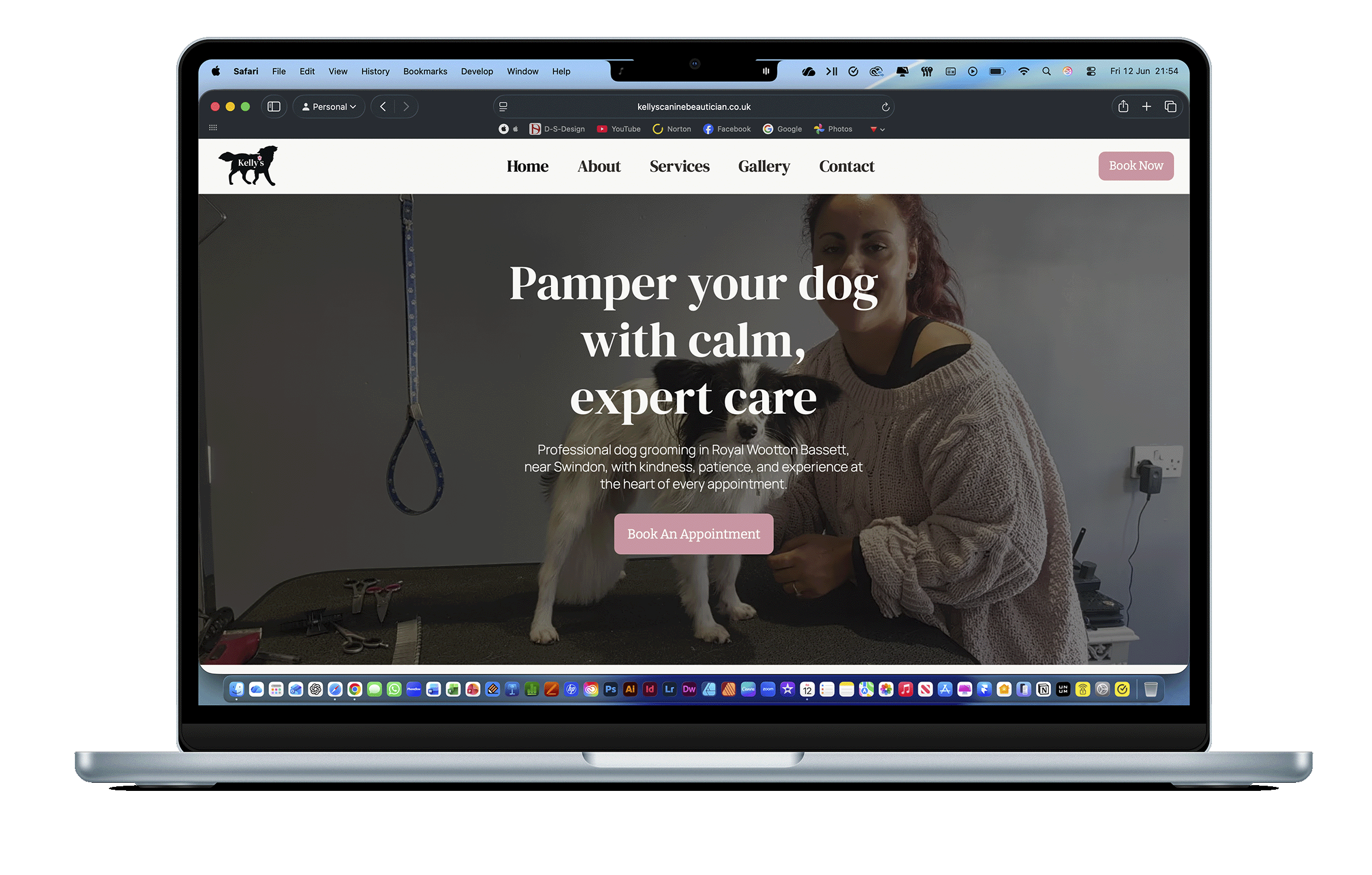 Mockups of the Kelly’s Canine Beautician website and custom logo design.