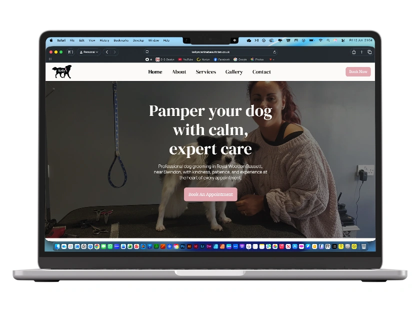 Mockups of the Kelly’s Canine Beautician website and custom logo design.