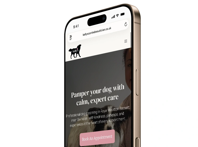 Mockups of the Kelly’s Canine Beautician website and custom logo design.