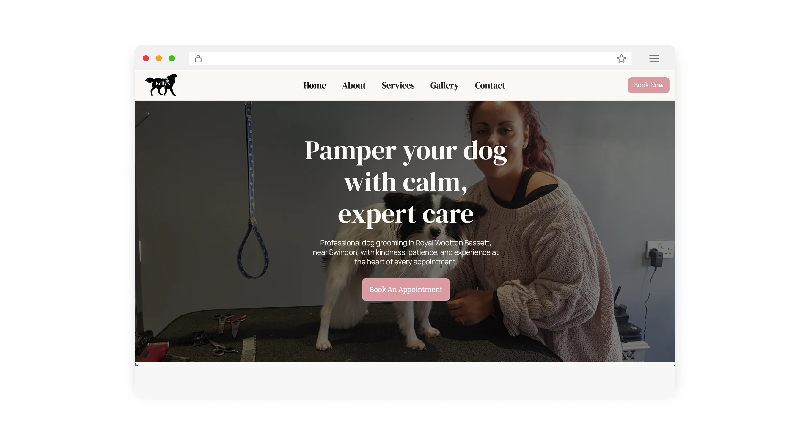 Mockups of the Kelly’s Canine Beautician website and custom logo design.