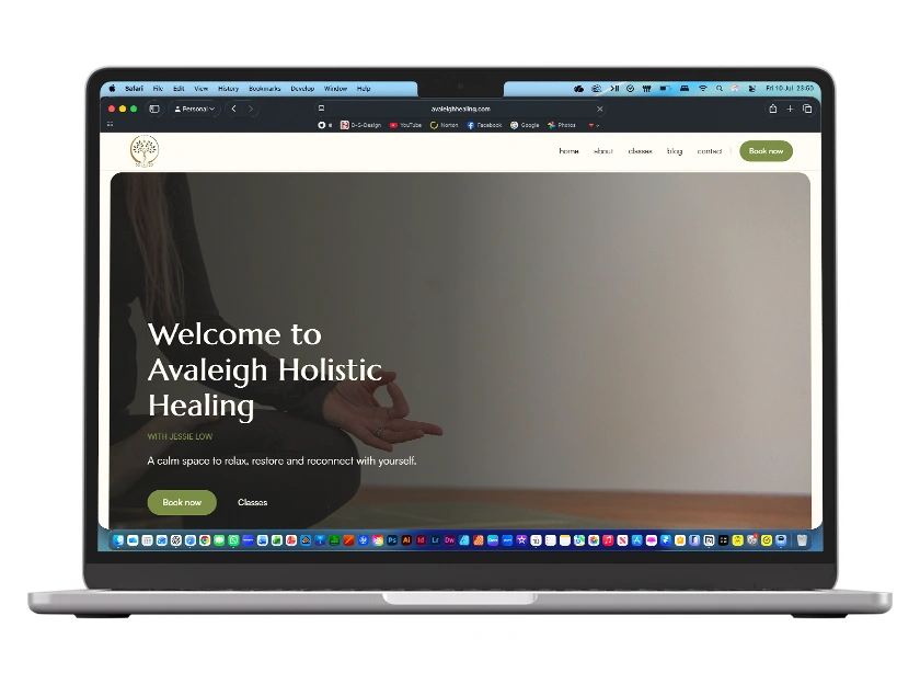 Mockups of the Avaleigh Holistic Healing website design and wellbeing service pages.