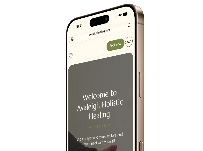 Mockups of the Avaleigh Holistic Healing website design and wellbeing service pages.