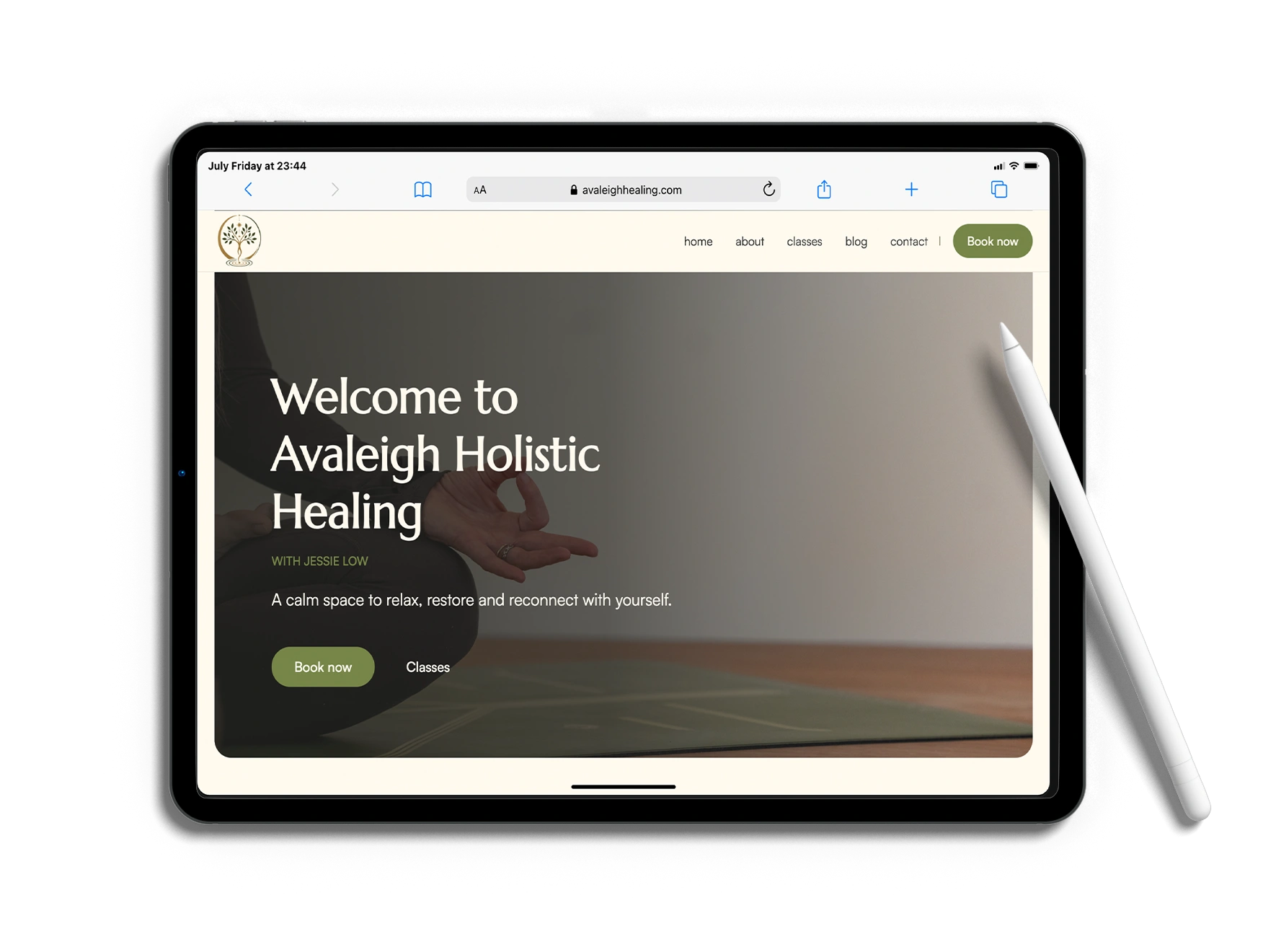 Mockups of the Avaleigh Holistic Healing website design and wellbeing service pages.