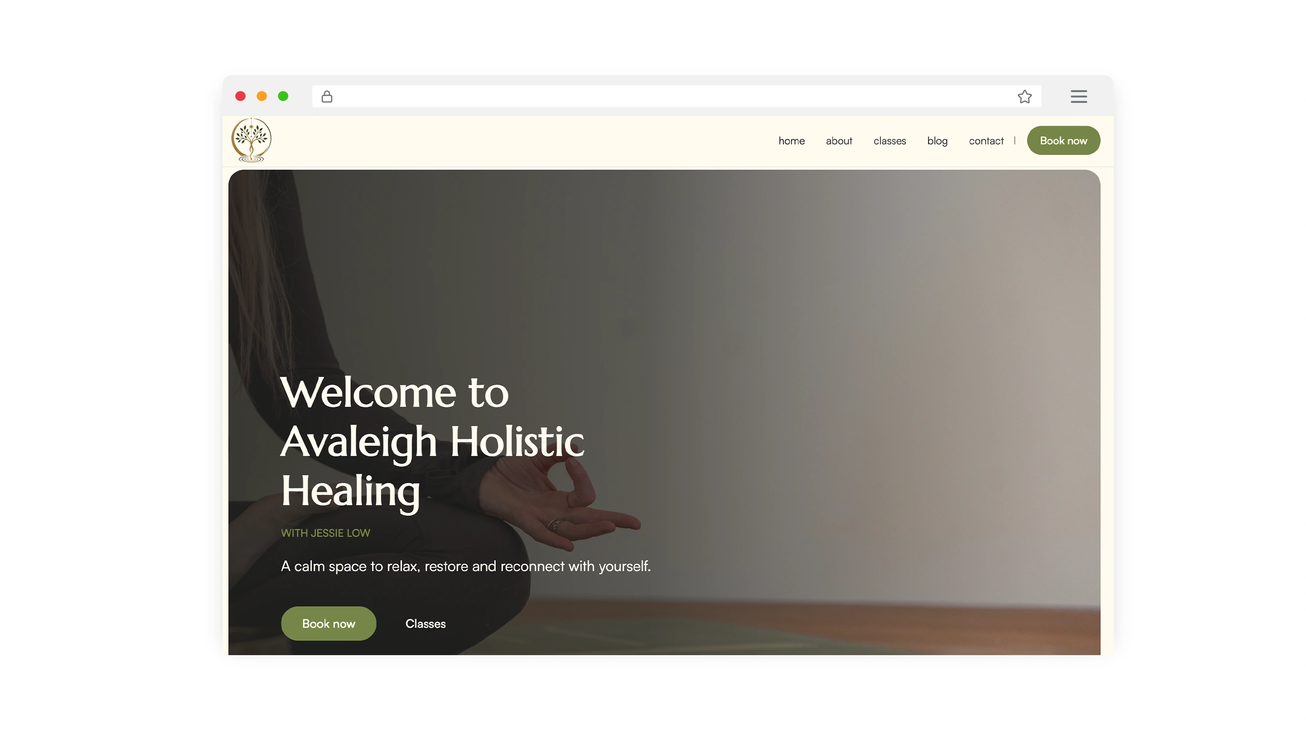 Mockups of the Avaleigh Holistic Healing website design and wellbeing service pages.