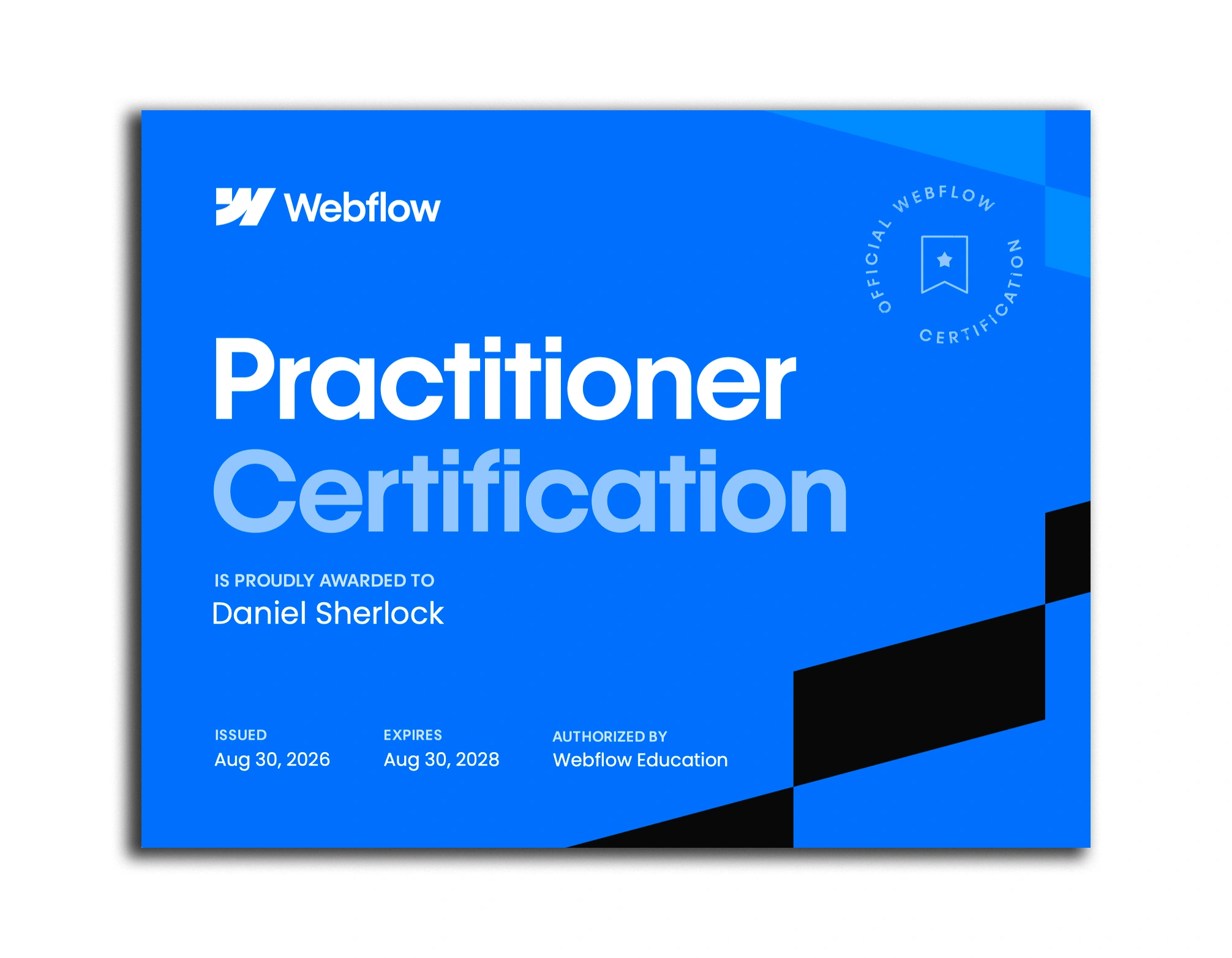 Webflow Practitioner Certification achieved by Daniel Sherlock of D-S-Design Studio.