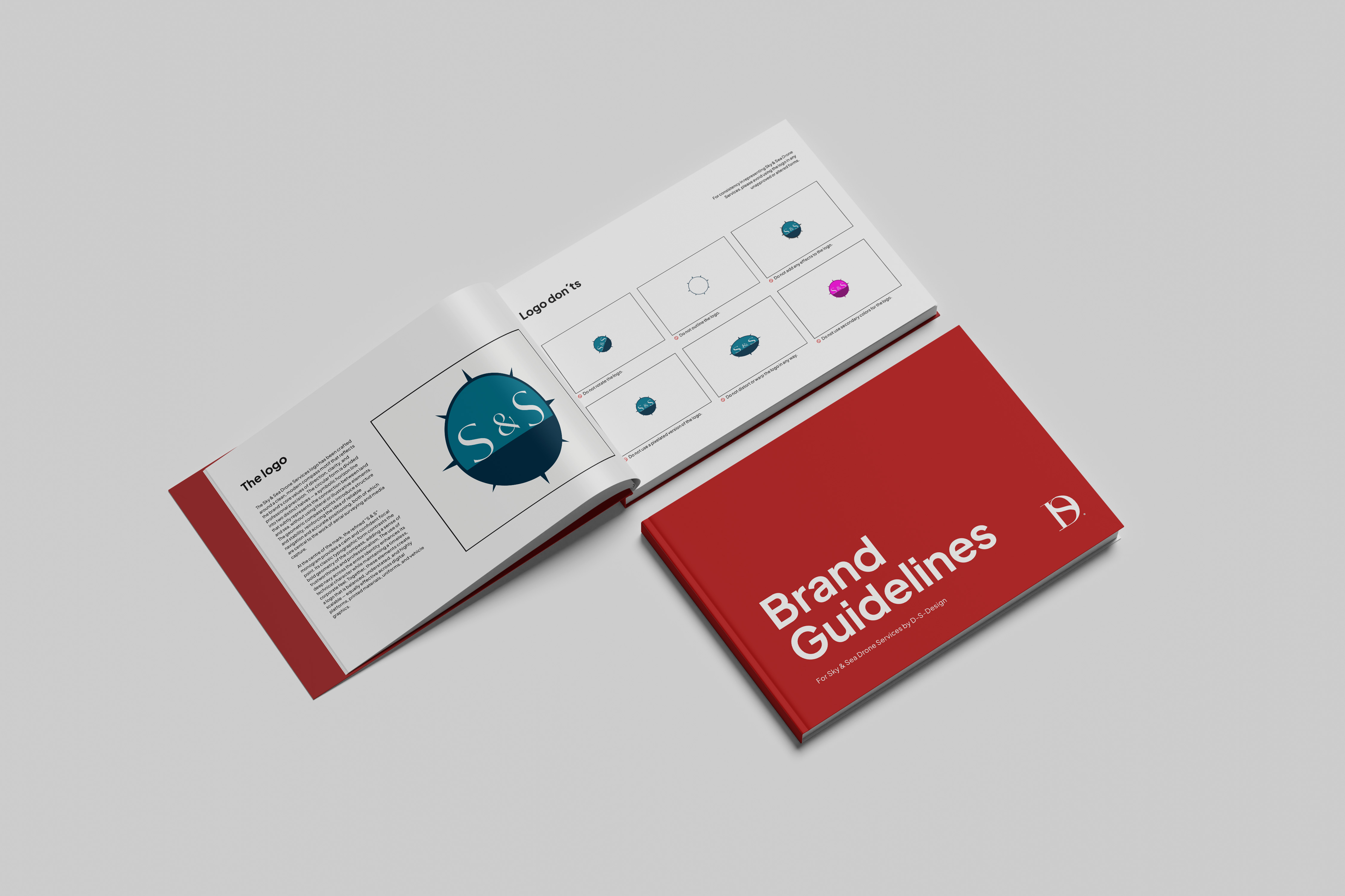 Mockups of the Sky & Sea Drone Services logo and branding assets.
